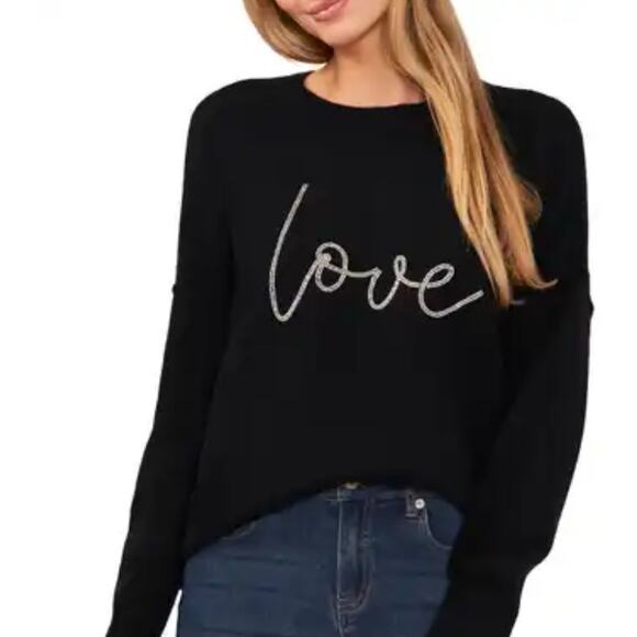 Cece Sz‎ Lg Women's Black Love Embellished Beaded Embroidered Sweater Top Knit - Picture 1 of 7